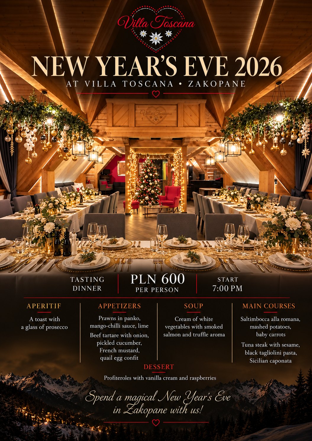Poster: New Year's Eve 2026 at Villa Toscana in Zakopane – tasting dinner on 31 December, starting at 7 pm, PLN 600 per person