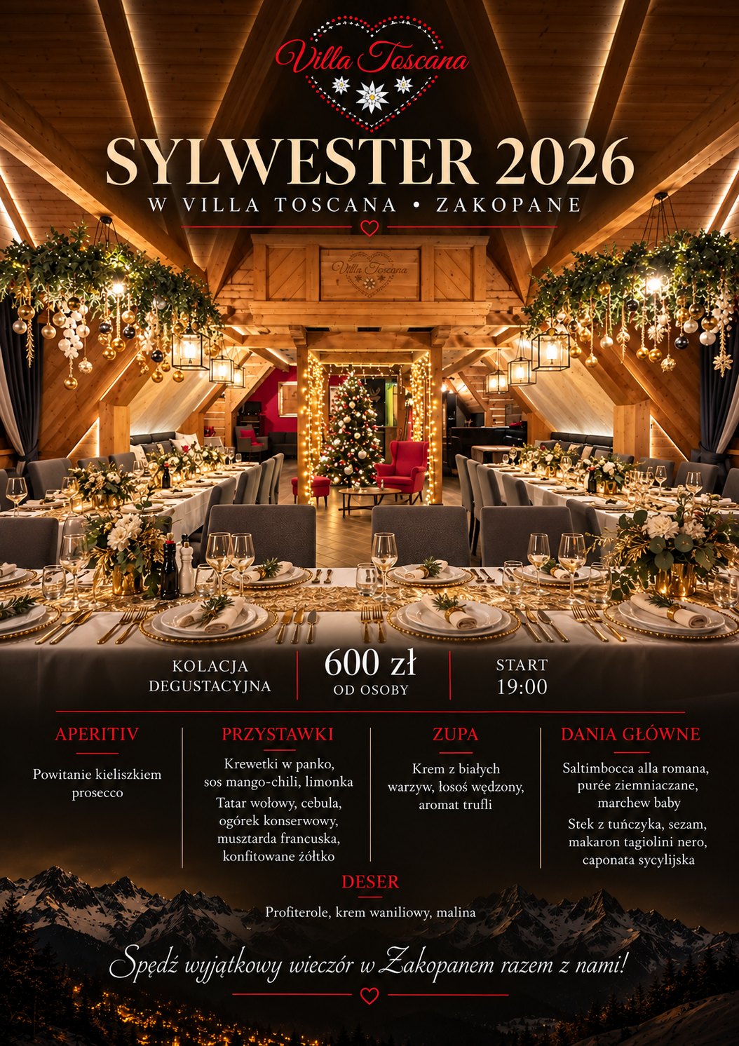 Plakat: Sylwester 2026 w Villa Toscana w Zakopanem – kolacja degustacyjna 31 grudnia, start 19:00, 600 zł od osoby